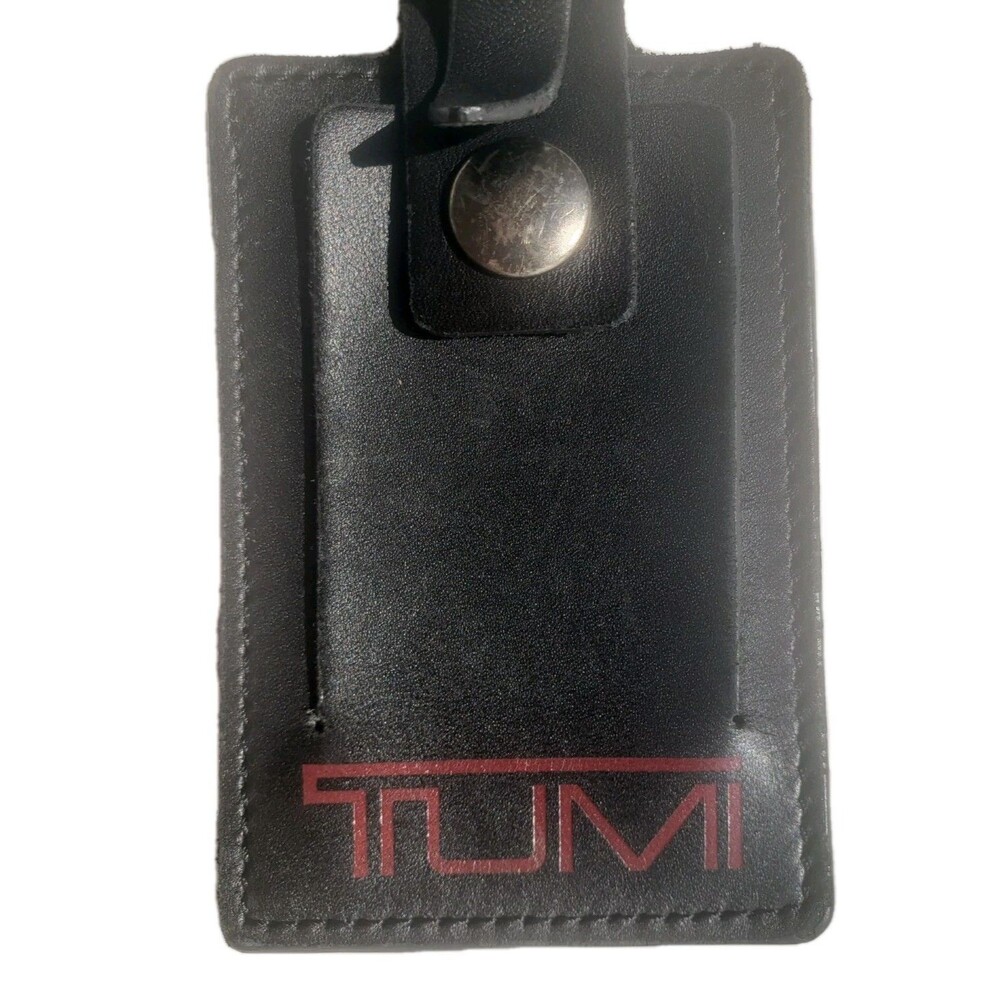 Genuine TUMI Black Leather Luggage Tag Red Logo ID Holder Travel Bag Buckle Strp